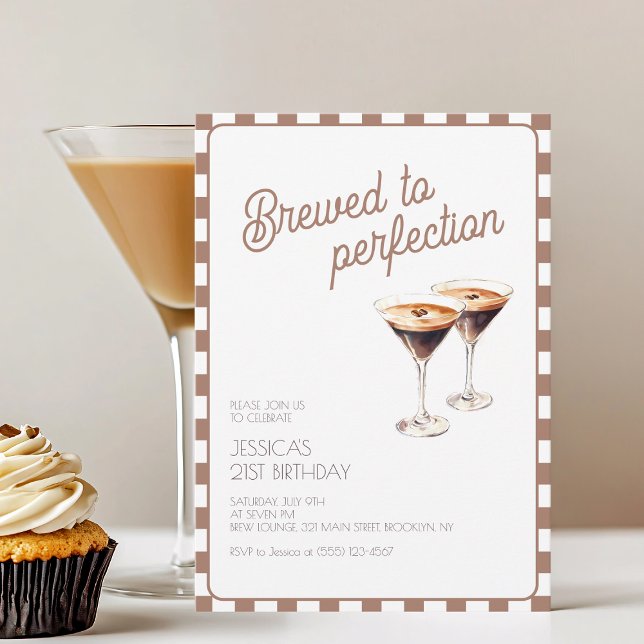 Convite 21ruas Espresso Martini Criaram Festa de aniversár (21st Espresso Martini Brewed Brown Birthday Party Invitation)
