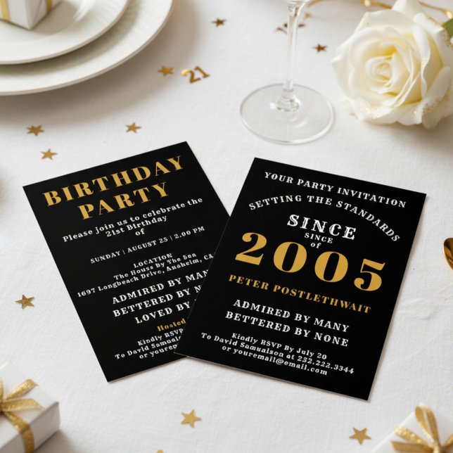 Convite 21st Birthday 2005 Black Gold Personalized For Him (2005 birthday invite. White background.)