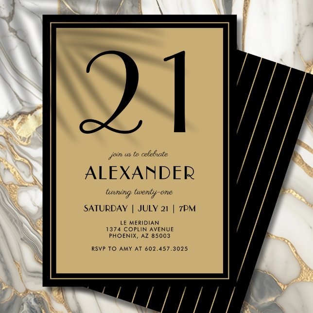 Convite 21st Birthday Adult Black and Gold Modern Minimal  (Celebrate your 21st in bold, sophisticated style with this chic design.)