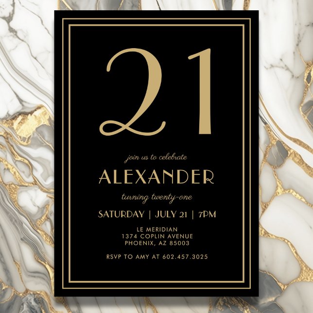 Convite 21st Birthday Black and Gold Modern Minimal Adult (Elegant black and gold 21st birthday invitation design for him or her.)
