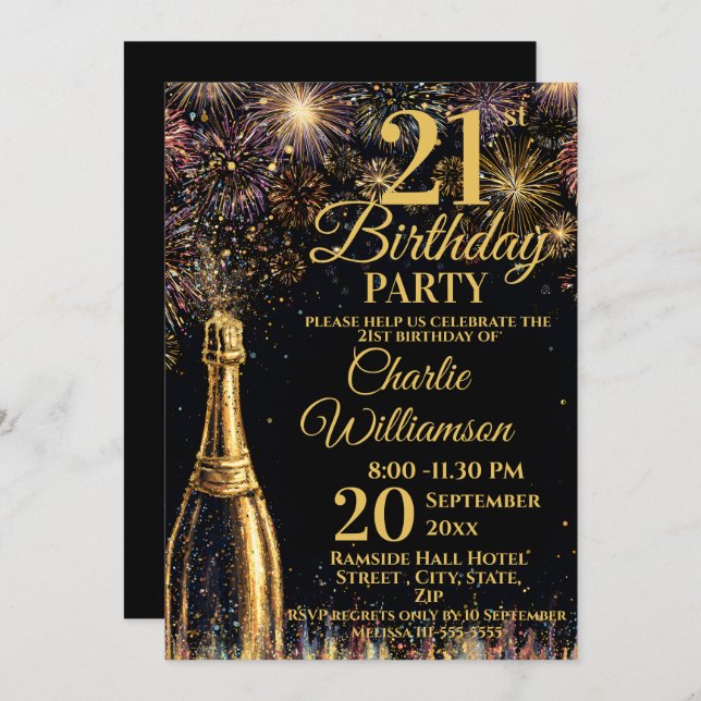 Convite 21st Birthday Bubbly Fireworks Gold  (Frente/Verso)
