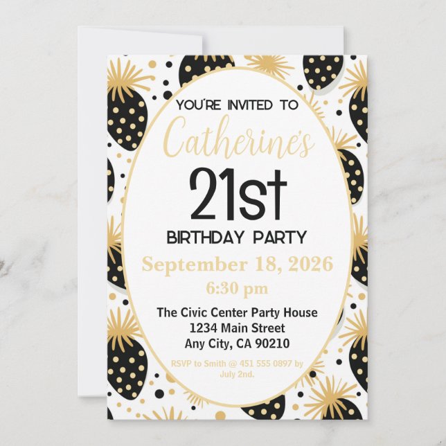 Convite 21st Birthday Invitation, Gold & Black Strawberry (Frente)