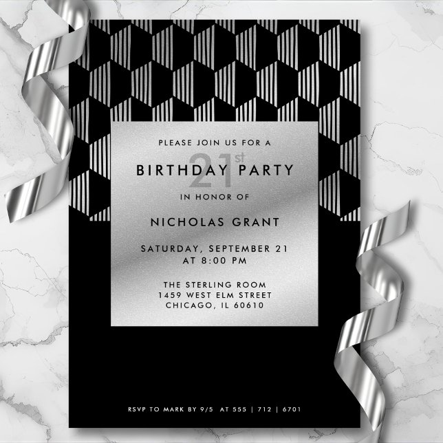 Convite 21st Birthday Modern Black Faux Silver Foil (Gender-neutral design for him or her.)