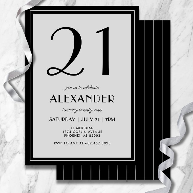 Convite 21st Birthday Modern Minimalist Mens Black Gray (Modern black and light gray design—minimal, bold, and effortlessly stylish for 21.)