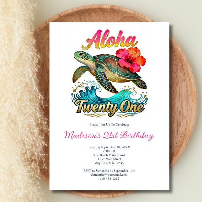 Convite  21st Birthday Tropical Ocean Beach Theme (21st Birthday party invitation. Aloha Twenty One, Beach Ocean Tropical theme, Digital or printed)