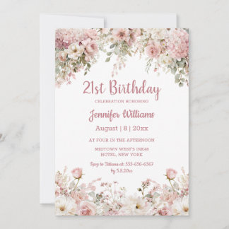 Convite 21st birthday watercolor pink floral garden chic