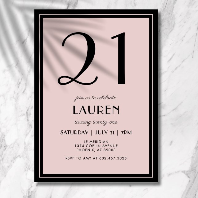 Convite 21st Birthday Women's Modern Minimal Black Pink (Clean lines, elegant layout, and a bold type design for your 21st birthday milestone celebration.)