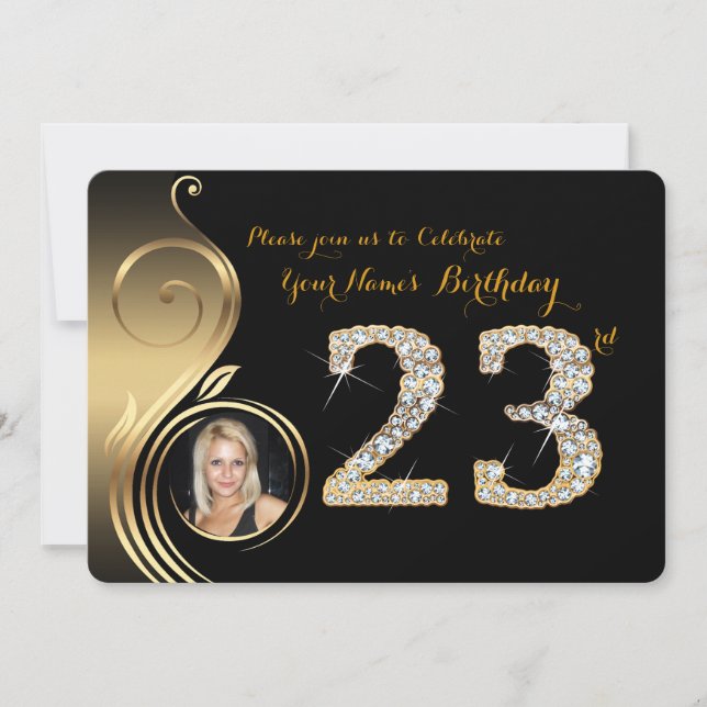 Convite 23º,Convite de Aniversário,Diamante de Número,Foto (Frente)
