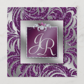 Convite 232 Folha de Casamento Elegante Floral Roxo Brilho