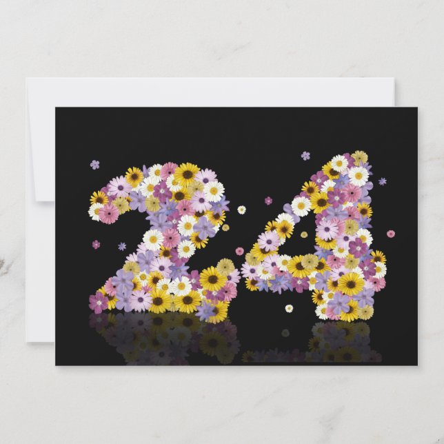 Convite 24.a Festa de aniversário, com letras floridas (Frente)