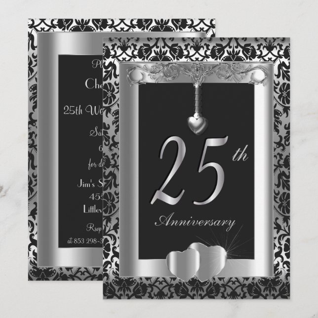 Convite 25º Aniversário de Bodas de Prata e Preto | DIY (Frente/Verso)