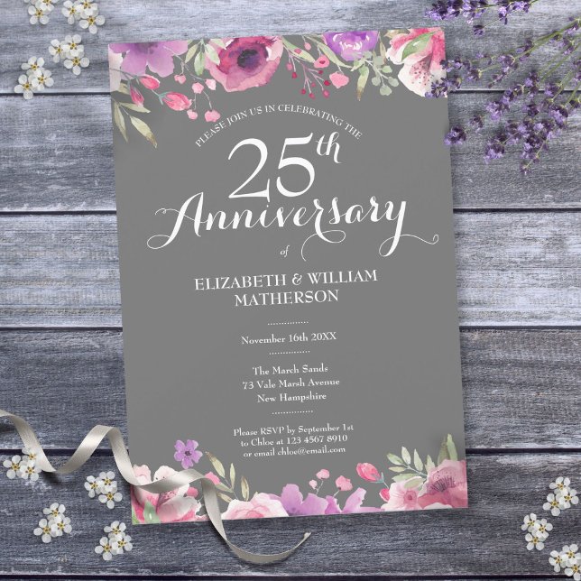 Convite 25º Aniversário de Bodas de Prata Floral Country (25th Silver Wedding Anniversary Country Floral Invitation)