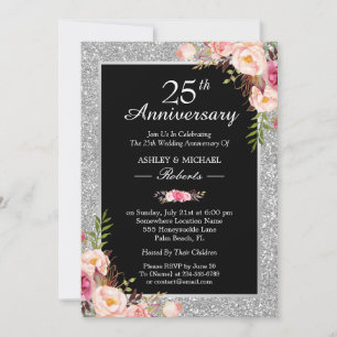 Convite 25º Aniversário de Bodas de Prata Floral Elegante