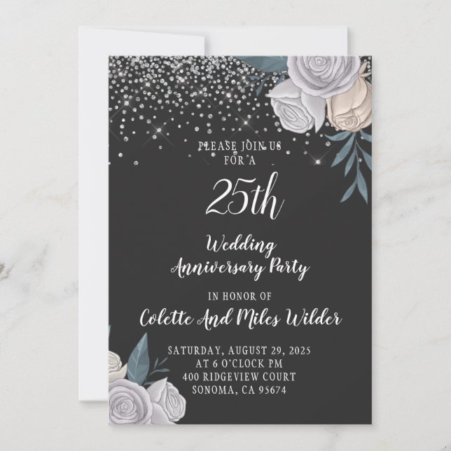 Convite 25º Aniversário de Casamento com Brilho de Prata (Frente)