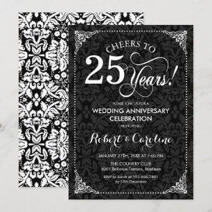 Convite 25º Aniversário de Casamento - Damask Preto Branco