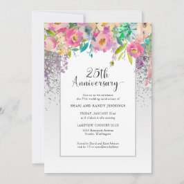 Convite 25º Aniversário de Casamento Floral Rosa Prata