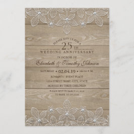 Convite 25º Aniversário de Casamento Rustic Madeira Renda 
