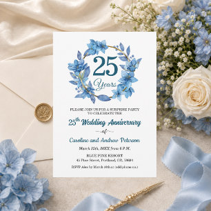 Convite 25º Aniversário de Casamento Surpresa Floral Azul