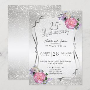 Convite 25º Aniversário de Glitter e Floral de Prata