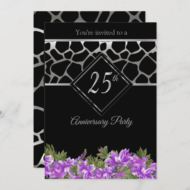Convite 25º Aniversário de Prata com Floral de Lavanda (Frente/Verso)