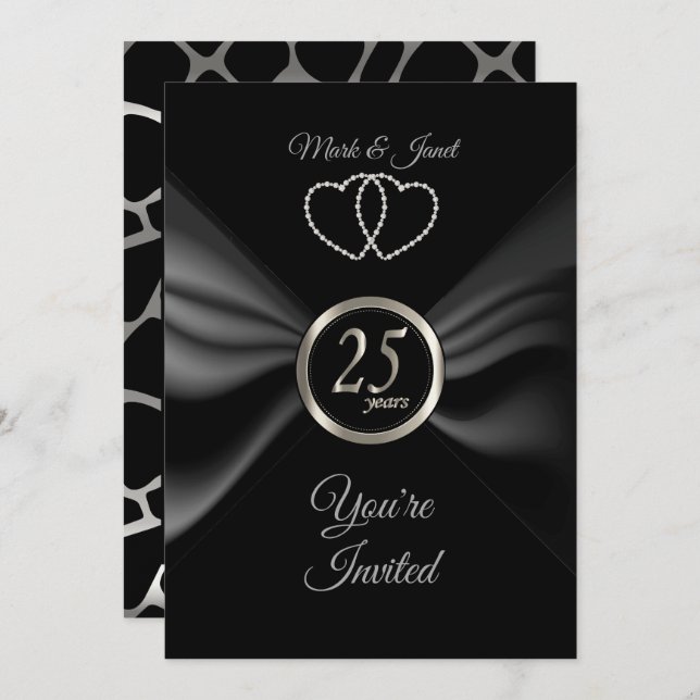 Convite 25º aniversário de prata com laço preto (Frente/Verso)
