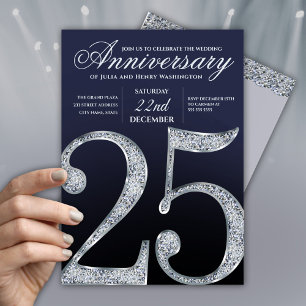 Convite 25º Aniversário Diamante Prata Azul Escuro Anos