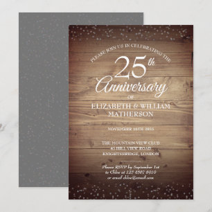 Convite 25º Aniversário Rustic Wood Silver Stardust