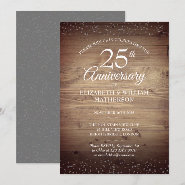 Convite 25º Aniversário Rustic Wood Silver Stardust  (Frente/Verso)