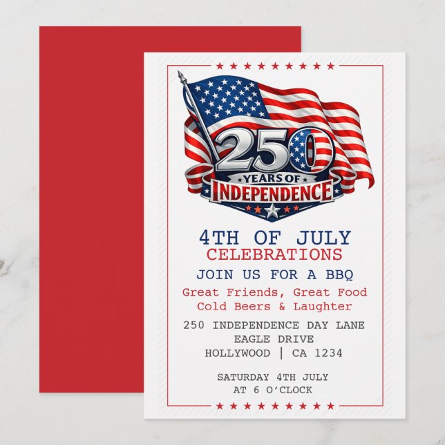 Convite 250 Years of Independence 4th of July Party (Frente/Verso)