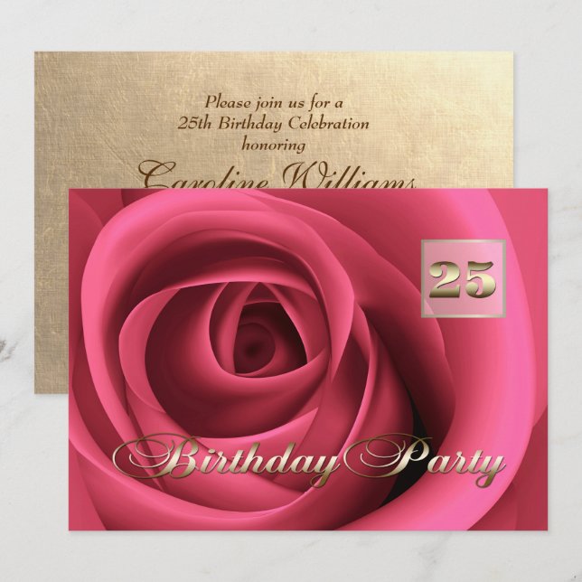 Convite 25.ª Celebração de Aniversário Rosa Rosa Elegante  (Frente/Verso)