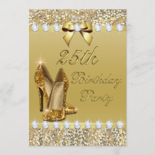 Convite 25 Birthday Classy Dourado Heels Sequins Diamantes