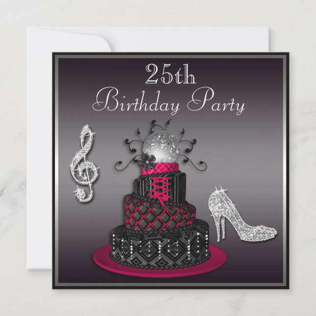 Convite 25 Birthday Disco Diva Cake and Heels Hot Pink (Frente)