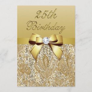 Convite 25 Birthday Dourado Faux Sequins e Arco