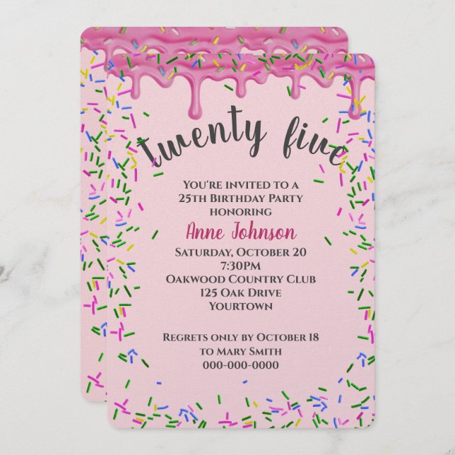 Convite 25 Birthday Pink Iching E Sprinkles (Frente/Verso)