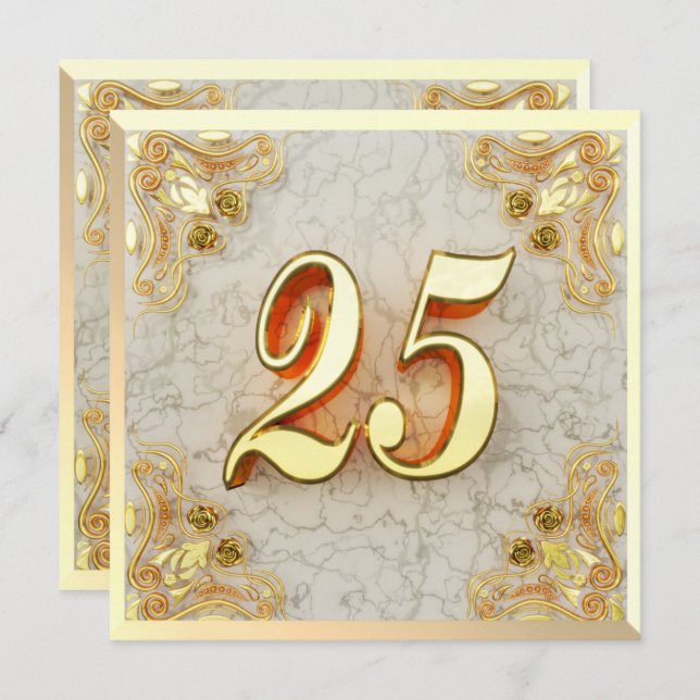 Convite 25 Birthday Regal Dourado Marble Saudação ou (Frente/Verso)