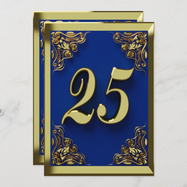 Convite 25 Birthday Regal Dourado Saudação Azul ou (Frente/Verso)