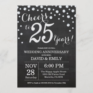 Convite 25 Casamento Aniversário Chalkboard Black Silver
