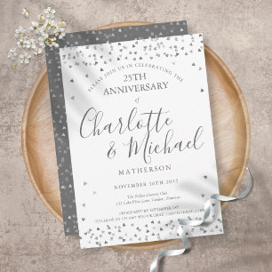 Convite 25 Casamento Aniversário Silver Love Hearts Script