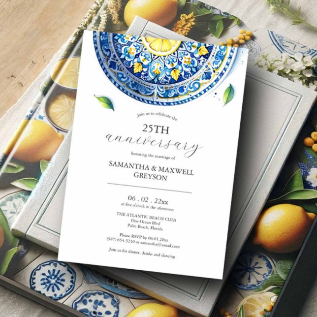 Convite 25 Casamento de Aniversário Limões (25th wedding anniversary invitations blue and yellow lemon theme with plate Victoria Grigaliunas )