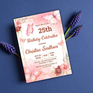 Convite 25 de aniversário de borboleta floral rosa elegant