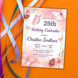 Convite 25 de aniversário de borboleta floral rosa elegant