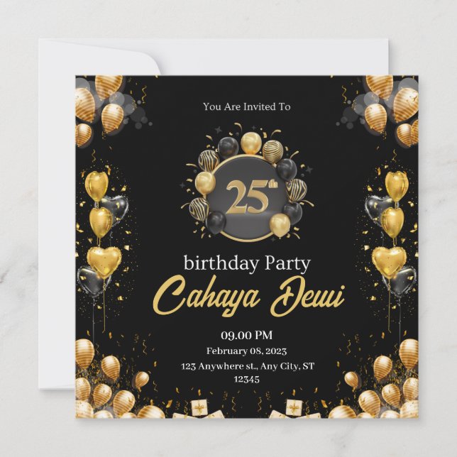 Convite 25 de aniversário prata preta elegante moderno (Frente)
