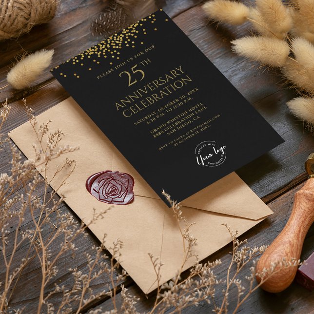Convite 25 de negócios corporativo - Dourado (25th corporate party invitation black gold confetti design.)