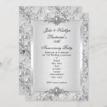 Convite 25 do partido Damask Silver White Small<br><div class="desc">25 Anniversário do Partido Prateado Cinza Branca Damasco Jewel Floral Elegante 25,  Aniversário do Silver White Diamond Jewel Imagem. Convite para todas as ocasiões da classe elegante Uso formal para qualquer convite de evento Personalizar para alterar ou adicionar detalhes.</div>