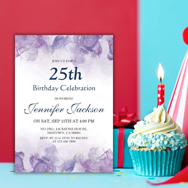 Convite 25 floral elegante roxo e ouro (Criador carregado)