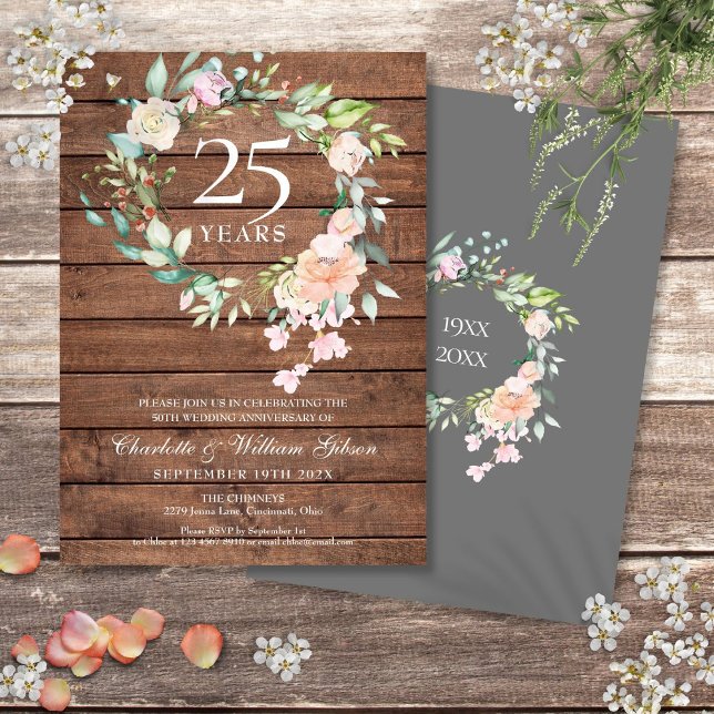 Convite 25 Silver Casamento Aniversário Madeira Rústica Fl (25th Silver Wedding Anniversary Floral Rustic Wood Invitation)