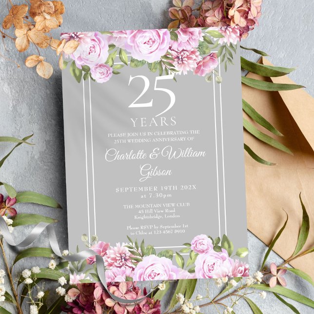 Convite 25 Silver Casamento Rosas de Aniversário Floral (25th Silver Wedding Anniversary Roses Floral Invitation)