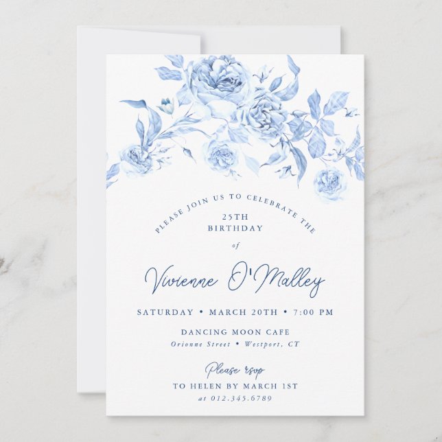 Convite 25th Birthday Party Dusty Blue Floral (Frente)