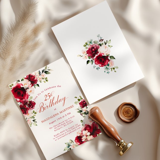 Convite 25th Birthday Red Rose Pink Peony Floral (Criador carregado)