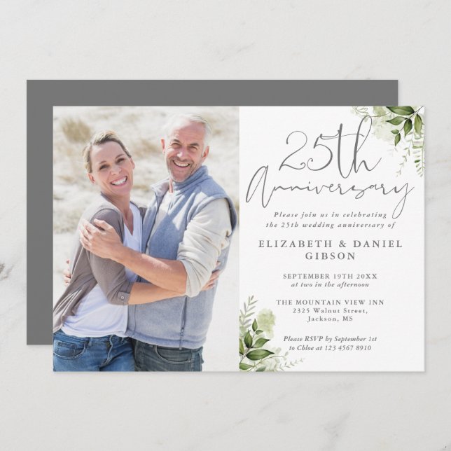 Convite 25th Wedding Anniversary Floral Silver Photo (Frente/Verso)